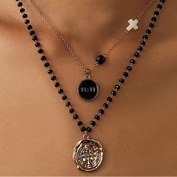 Anthropologie Jewelry - 14k Gold Plated Multilayered Black Beaded Chain Gold Cross 11:11 Charm Necklace